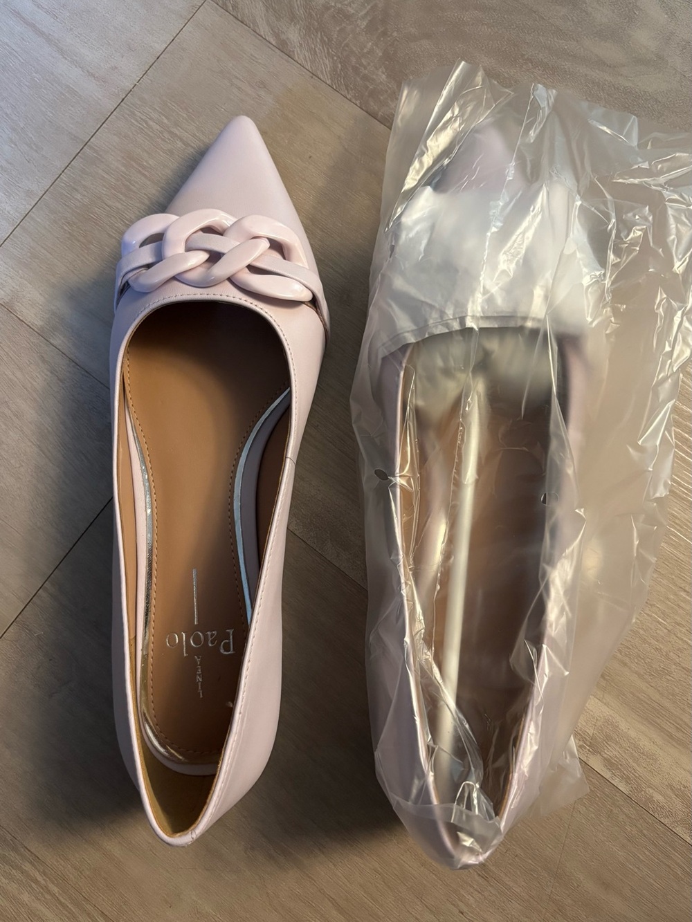Paolo shoe color is Lavender Fog  Pointed Toe Chain-Trim Ballet Flats